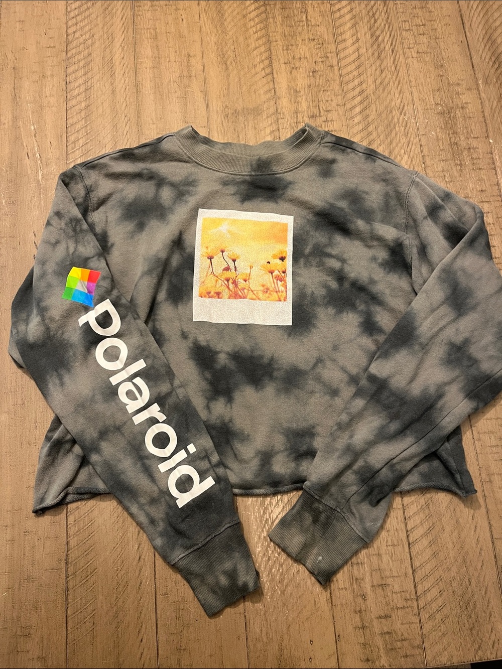 Polaroid Tie-Dye Cropped Crewneck with Yellow Graphic